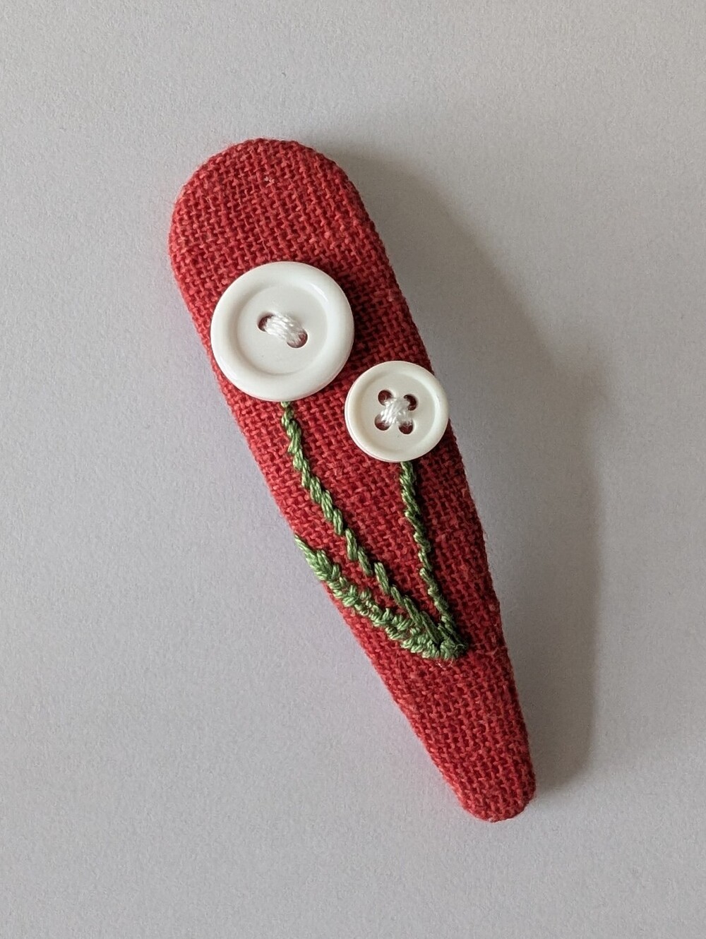 Button Flowers On Rustic Red Hand Embroidered Cotton Large Handmade Hair Clip